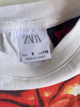 Load image into Gallery viewer, Zara x Stranger Things kids size 6 white short sleeve t-shirt logo imagery, GUC
