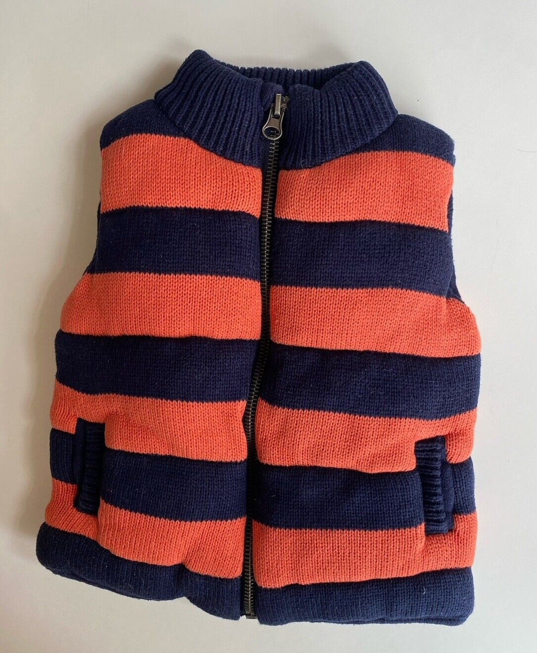 Seed baby size L (18-24 months) orange navy blue knit zip up vest, VGUC