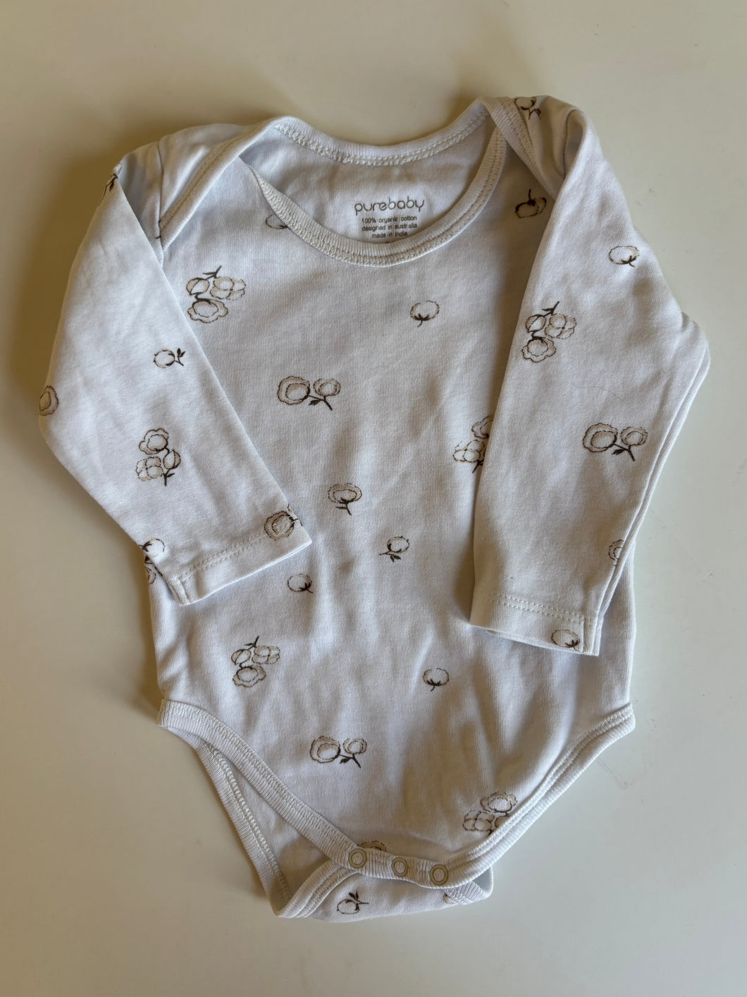 Purebaby baby girl size 3-6 months white brown floral bodysuit, VGUC