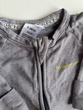 Load image into Gallery viewer, Bonds baby size 0-3 months zippy wondersuit dark grey white stripe, VGUC
