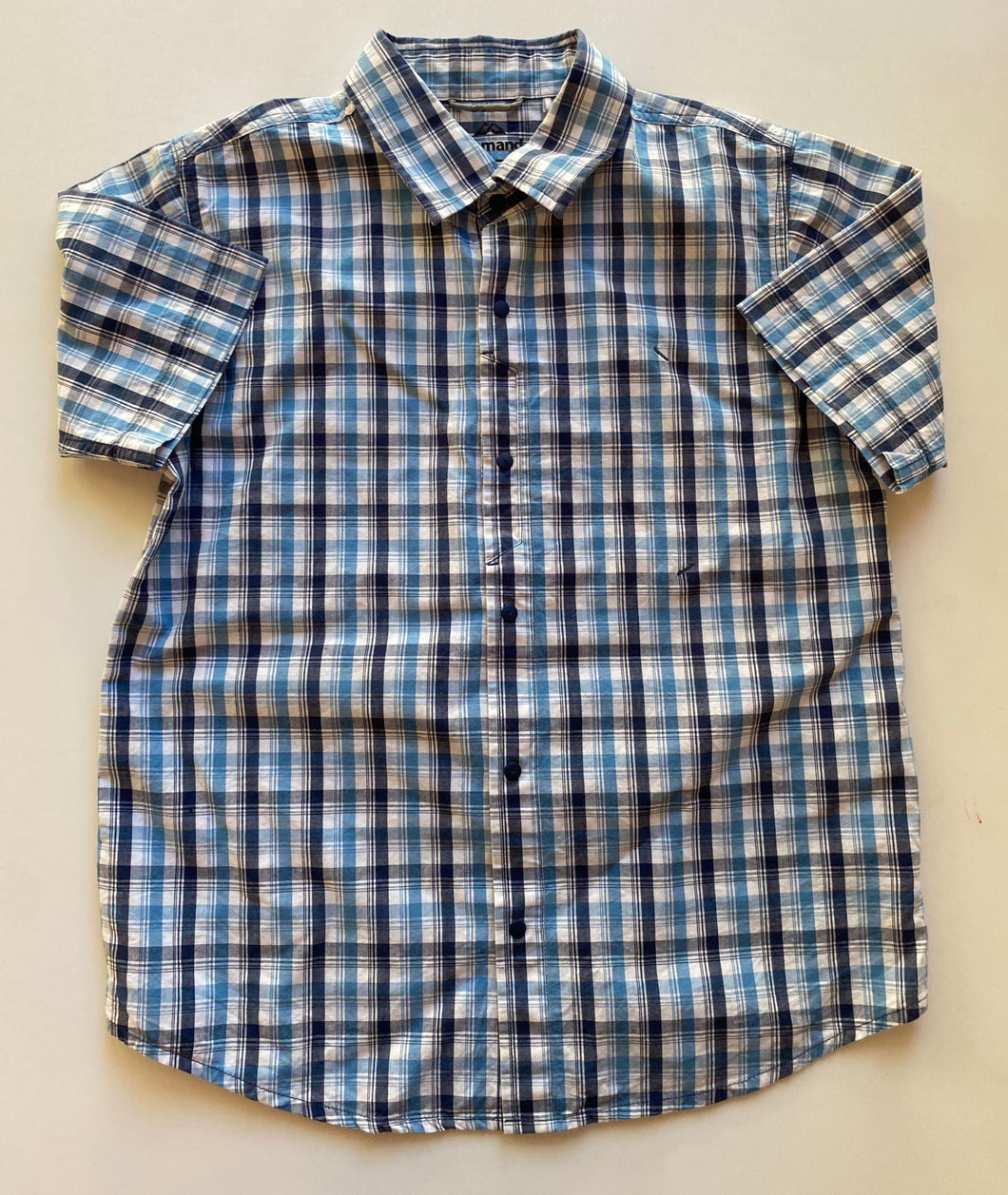 Kathmandu kids boys size 10 blue white check button up shirt short sleeve, VGUC