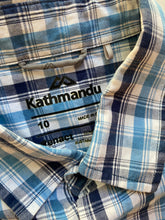 Load image into Gallery viewer, Kathmandu kids boys size 10 blue white check button up shirt short sleeve, VGUC
