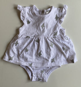 Milky baby girl size 0-3 months white bodysuit dress silver birds, EUC