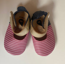 Load image into Gallery viewer, Bobux baby girl size newborn soft sole shoes pink white stripe navy leather, EUC
