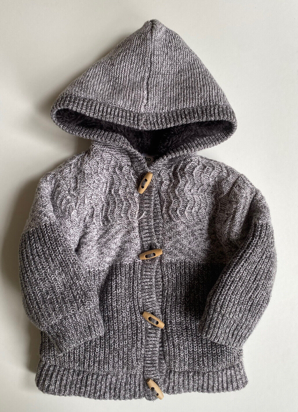 Anko baby size 3-6 months grey knitted hooded duffle cardigan jumper thick, VGUC