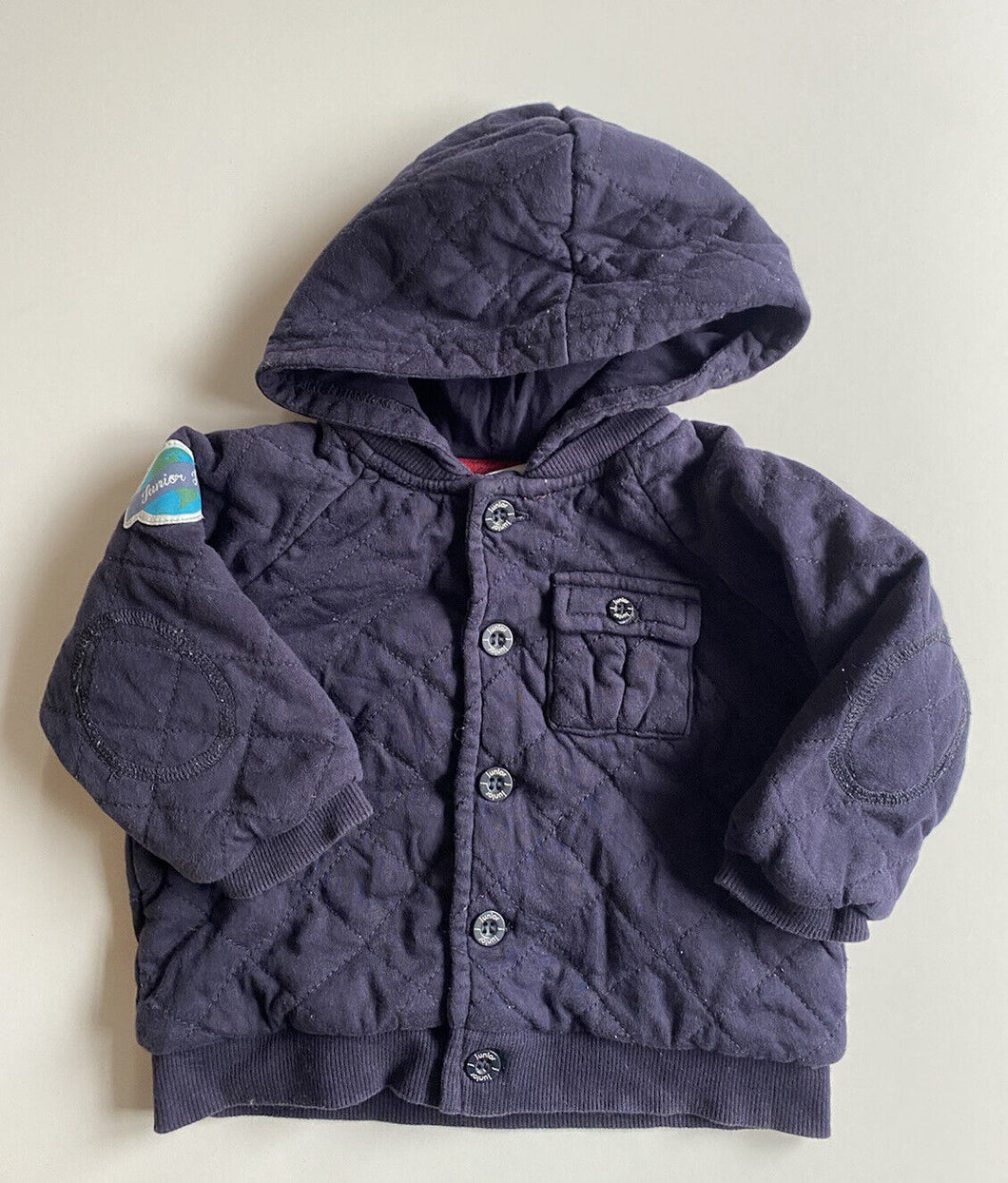 Jasper Conran baby boy size 9-12 months navy blue quilted jacket hood, VGUC