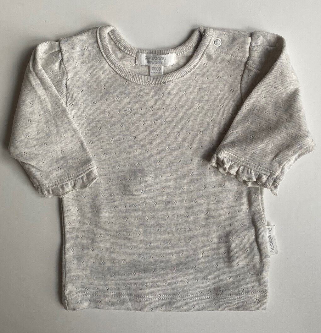 Purebaby baby girl size newborn grey long sleeve top t-shirt frills, EUC