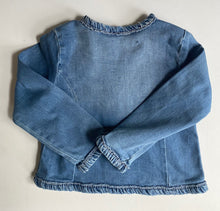 Load image into Gallery viewer, IDEXE baby girl size 18-24 months blue denim jacket zip pockets bow, BNWT
