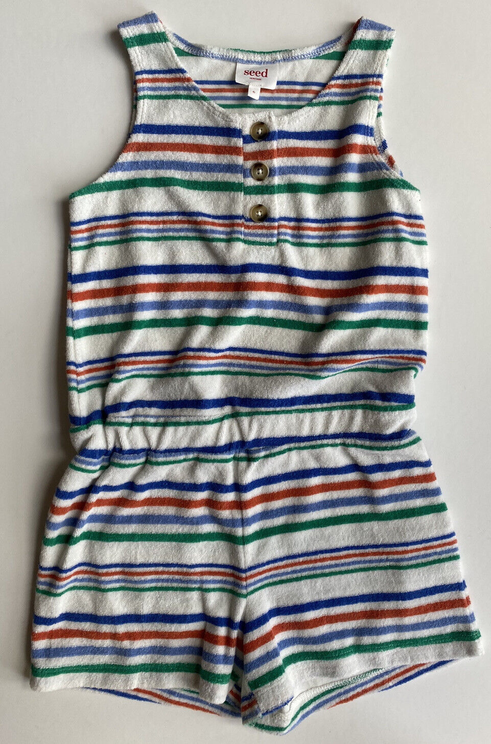 Seed kids girls size 6 white multicoloured stripe Terry towelling playsuit, VGUC