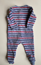 Load image into Gallery viewer, Sprout baby size 3-6 months blue red stripe velour one-piece coverall, VGUC
