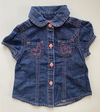 Load image into Gallery viewer, Mothercare baby girl size 3-6 months blue denim button up shirt pink hearts VGUC
