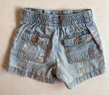 Load image into Gallery viewer, Osh Kosh B&#39;Gosh baby girl size 0-3 months pale blue denim shorts palm trees VGUC
