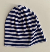 Load image into Gallery viewer, Gap baby size newborn navy blue white stripe beanie hat, VGUC
