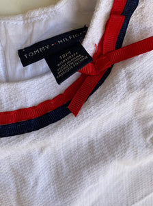 Tommy Hilfiger baby girl size 9-12 months white pleated dress red blue trim VGUC