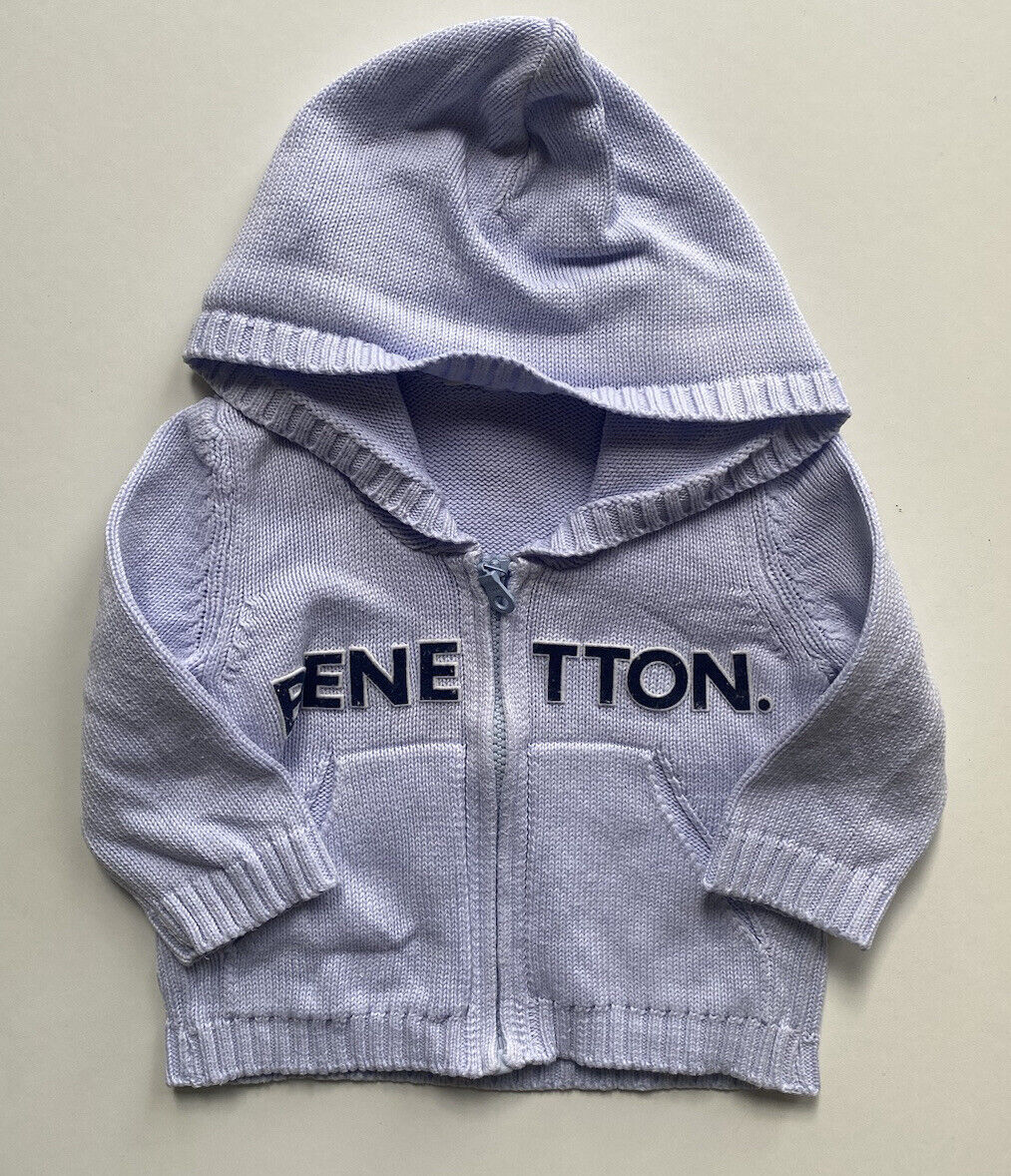 Benetton baby unisex size 0-3 months blue hooded knit zip up jumper, VGUC