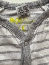 Load image into Gallery viewer, Bonds baby size 3-6 months stretchies grey white stripe one-piece, VGUC
