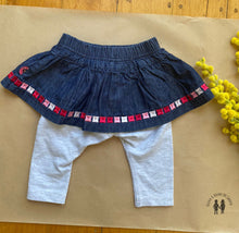 Load image into Gallery viewer, Fox &amp; Finch baby girl size 0-3 months grey leggings denim skirt pink shapes VGUC
