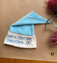 Load image into Gallery viewer, Unbranded baby Santa hat pale blue velour Baby&#39;s First Christmas
