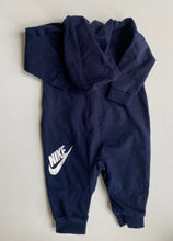 Load image into Gallery viewer, Nike baby unisex size 3-6 months navy blue hooded logo jumpsuit one-piece, VGUC
