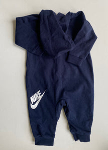 Nike baby unisex size 3-6 months navy blue hooded logo jumpsuit one-piece, VGUC