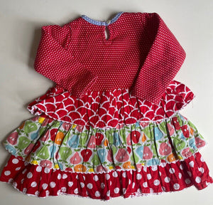 Oobi baby girl size 1 year red long sleeve tiered dress bow pears, GUC