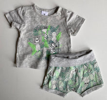 Load image into Gallery viewer, Target baby size newborn grey PJ set green jungle animals t-shirt shorts, EUC
