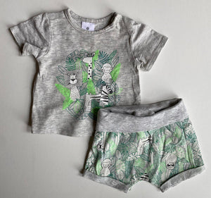 Target baby size newborn grey PJ set green jungle animals t-shirt shorts, EUC