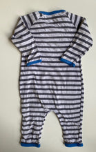 Load image into Gallery viewer, Bonds baby size 3-6 months grey stripe one-piece grow suit blue trim, GUC
