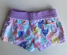 Load image into Gallery viewer, Mambo baby girl size 3-6 months purple multicolour hearts swim shorts, VGUC
