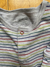 Load image into Gallery viewer, Mamas &amp; Papas baby size 0-3 months grey blue green red stripe one-piece, VGUC
