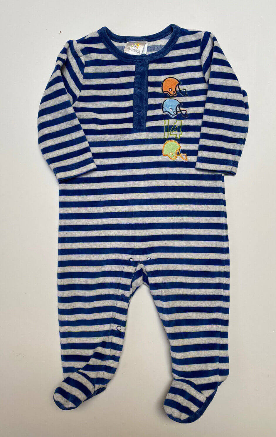 Absorba baby boy size 6-9 months blue grey stripe velour one-piece