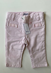 Jacadi baby girl size 3-6 months pale pink cord pull on pants bows, BNWT