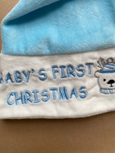 Load image into Gallery viewer, Unbranded baby Santa hat pale blue velour Baby&#39;s First Christmas
