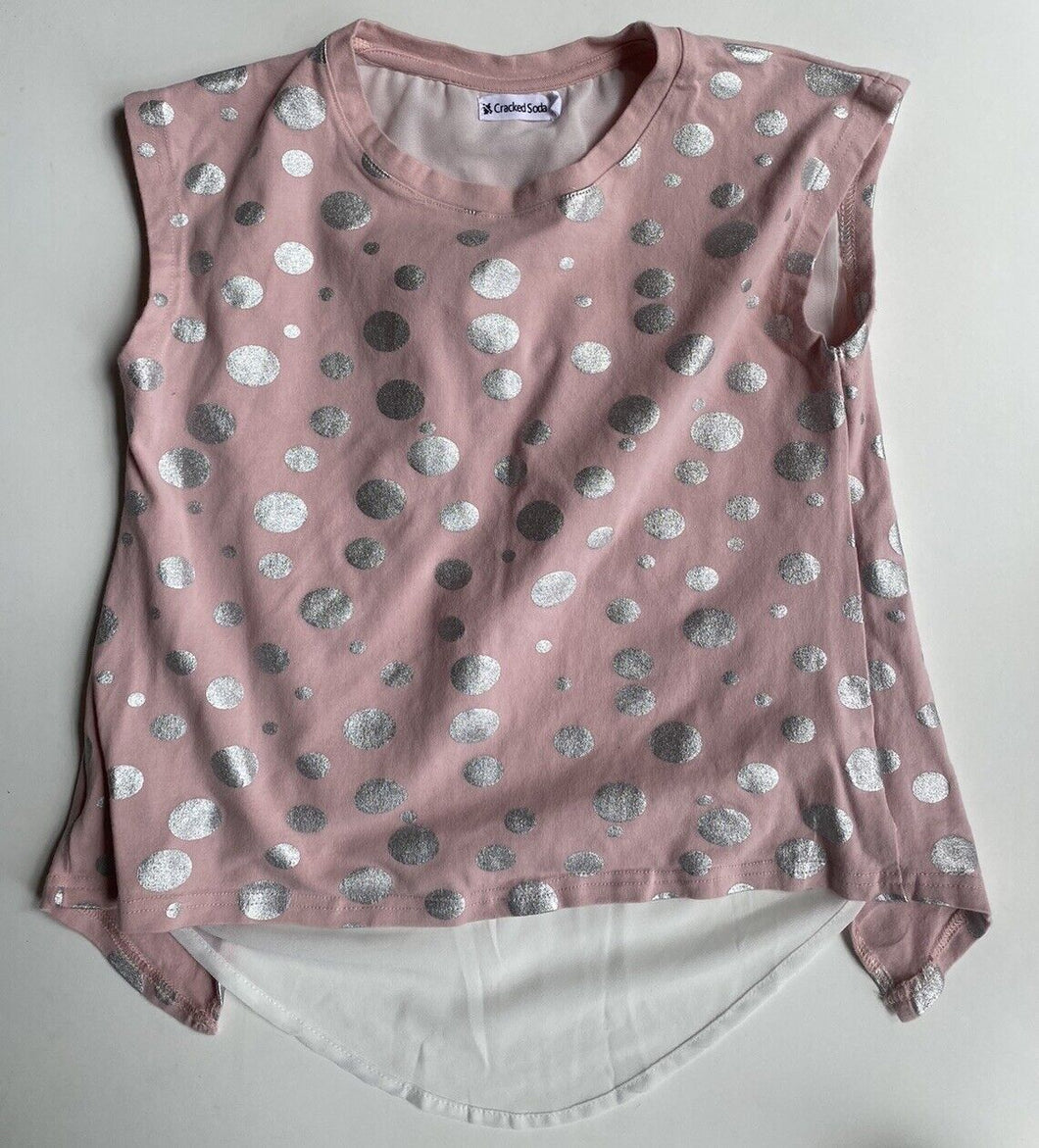 Cracked Soda kids girls size 10 pink silver spotted sleeveless top, VGUC