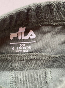 Fila baby size 0-3 months olive green elastic waist shorts logo, EUC