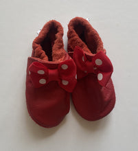 Load image into Gallery viewer, Shu Shu baby girl size approx. 0-6 months red leather soft sole shoes bows, VGUC
