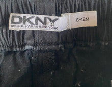 Load image into Gallery viewer, DKNY baby size 6-12 months black elastic waist pull on pants velvet strip, VGUC
