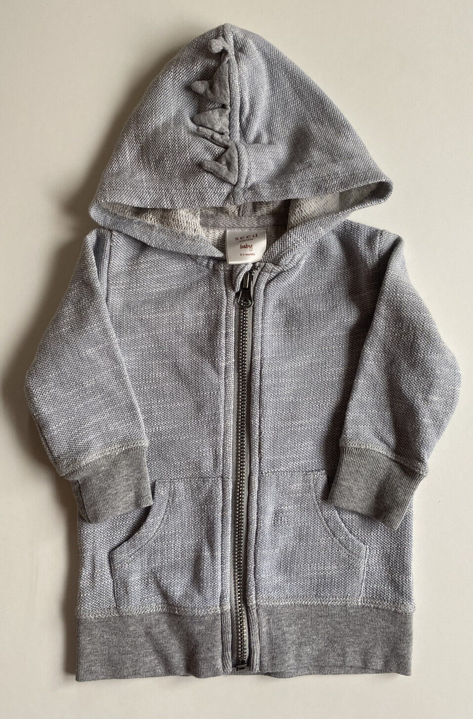 Seed baby size 0-3 months pale blue grey textured zip up hooded jumper, VGUC