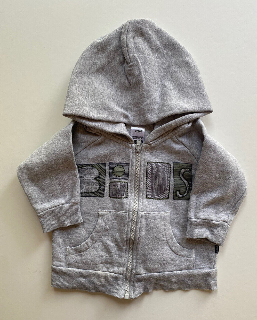 Bonds baby unisex size 3-6 months grey hooded logo jumper zip, VGUC