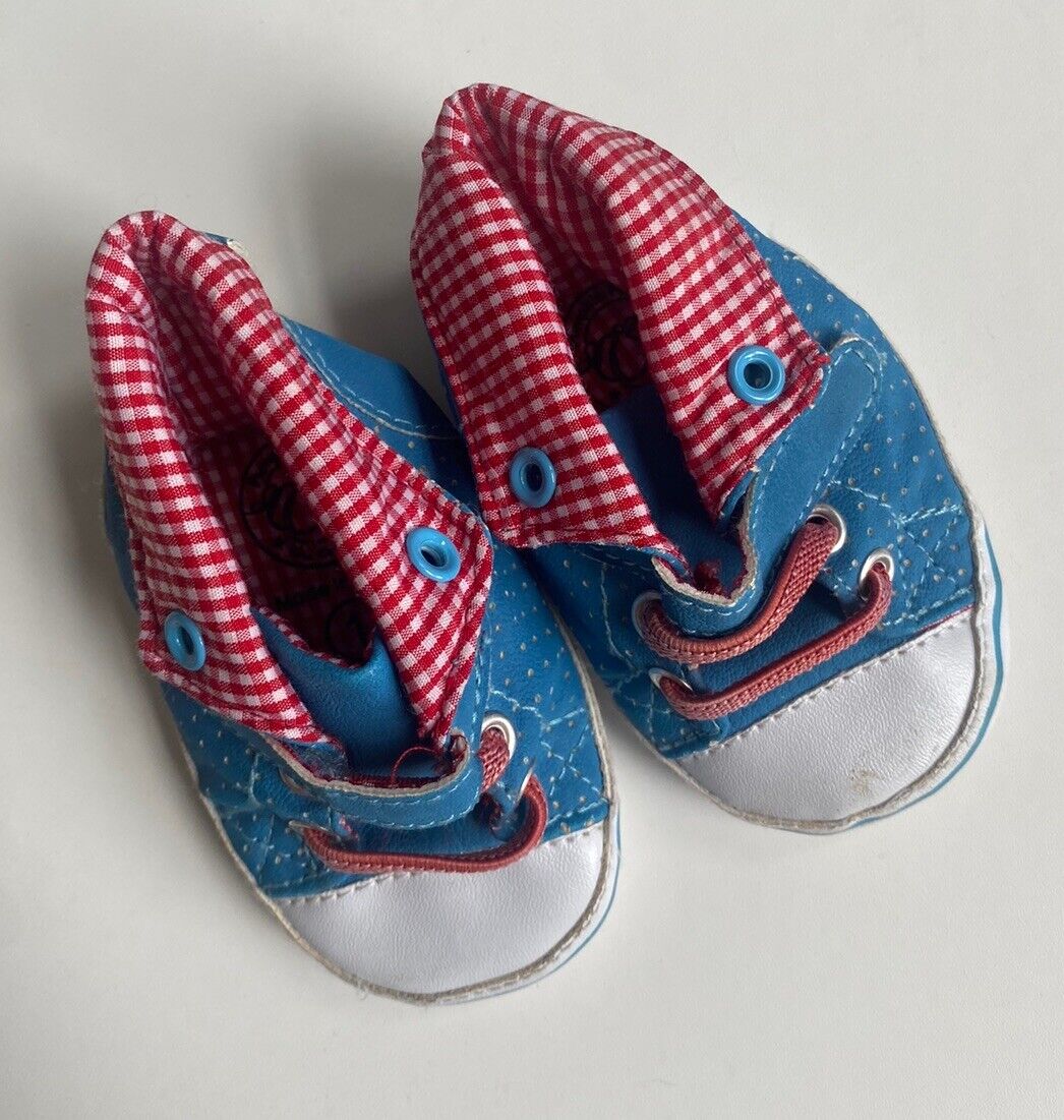 Pumpkin Patch baby size 1 blue red check soft sole pull on shoes, VGUC