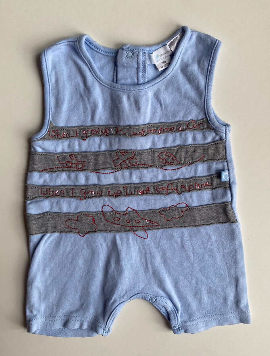 Plum Precious baby boy size 0-3 months blue romper one-piece car plane, VGUC