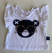 Load image into Gallery viewer, Huxbaby baby girl size 0-3 months white frill sleeve t-shirt black bear, GUC
