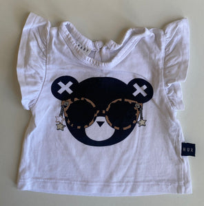 Huxbaby baby girl size 0-3 months white frill sleeve t-shirt black bear, GUC