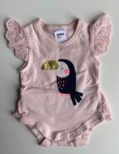 Load image into Gallery viewer, Anko baby girl size newborn pink bodysuit top lace frills toucan bird, EUC
