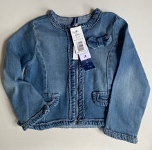 Load image into Gallery viewer, IDEXE baby girl size 18-24 months blue denim jacket zip pockets bow, BNWT
