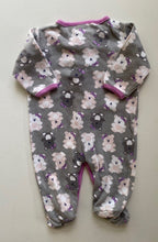 Load image into Gallery viewer, Sprout baby girl size 0-3 months grey purple one-piece bears, VGUC
