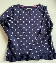 Load image into Gallery viewer, Johnnie B kids girls size 13-14 years navy blue jumper white spots frill, VGUC
