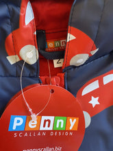 Load image into Gallery viewer, Penny Scallan Design kids boys toddler size 2 blue raincoat hood red cars, BNWT
