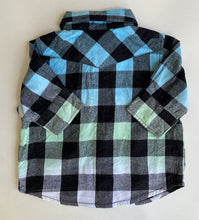 Load image into Gallery viewer, Mini Mango baby boy size 3-6 months black blue check button up shirt, VGUC
