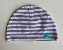 Load image into Gallery viewer, Love to Dream baby size 0-6 months grey white stripe beanie hat, EUC
